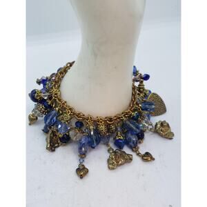 Statement Charm Bracelet Womens Gold Tone Blue Glass Crystal Dog Heart Toggle